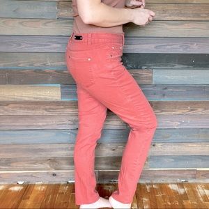 Coral color stretchy jeans